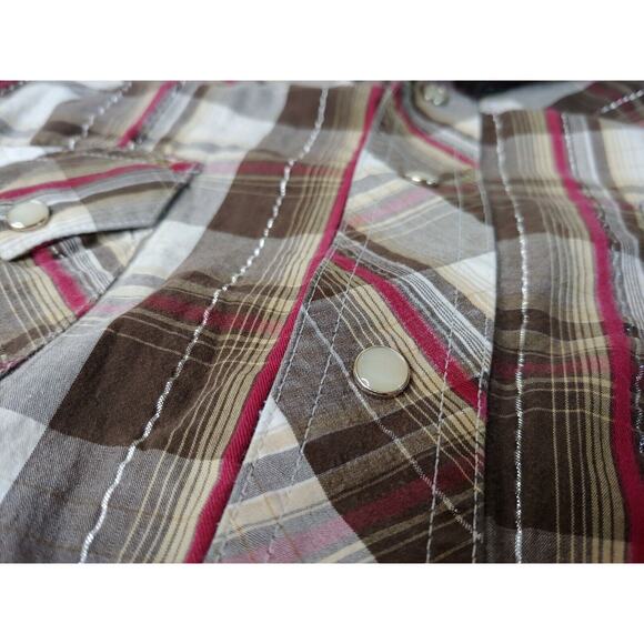 Wrangler Mens Medium Long Sleeve Brown/Red Plaid Pearl Snap Shirt - Picture 5 of 9